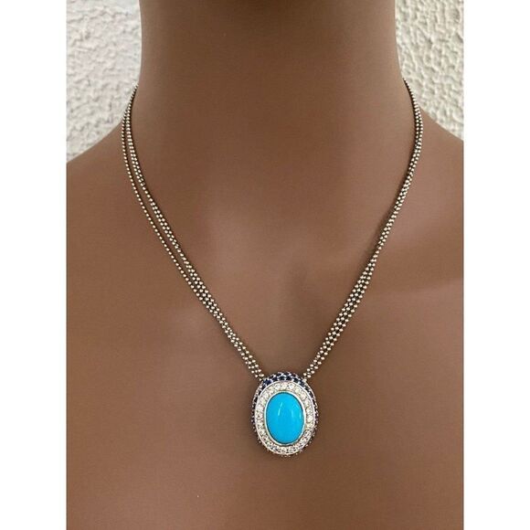 925 Turquoise/Cz/Sapphire Oval Pendant Necklace - Picture 8 of 11